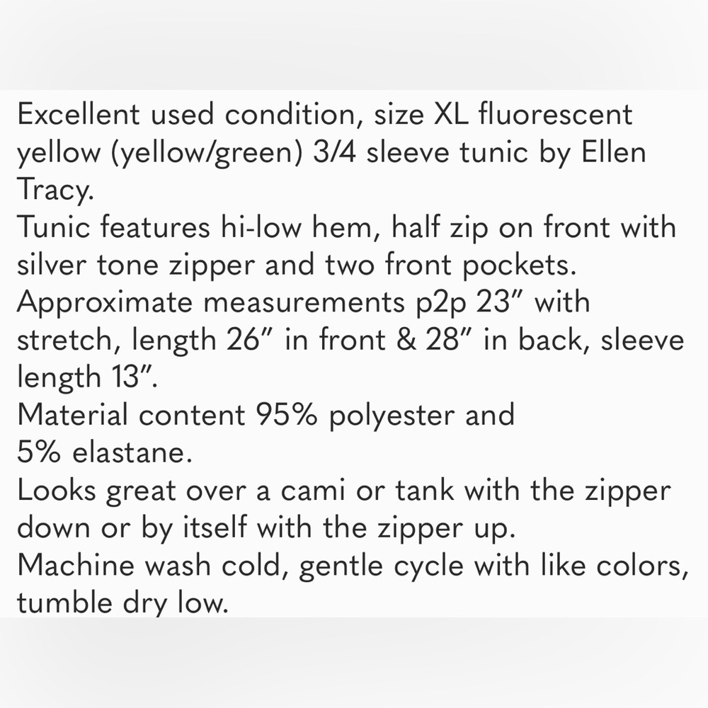 EUC women’s size XL fluorescent yellow 3/4 sleeve tunic by Ellen Tracy - Picture 13 of 13